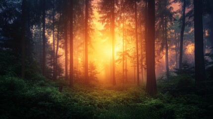 Golden light filters through the trees in a dense forest during a magical sunrise.
