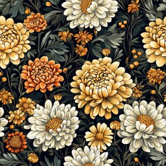 Chrysanthemums flowers plants floral blooming botanical seamless pattern ornament design, tile