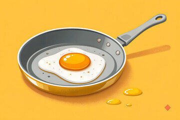 A fried egg is in a silver frying pan on a bright yellow background