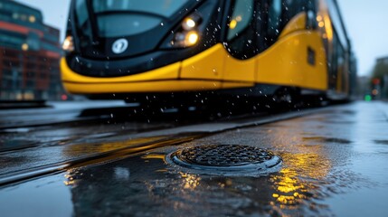 Yellow tram on a wet city street.  Close-up view of the rain-slicked pavement reflecting the tram