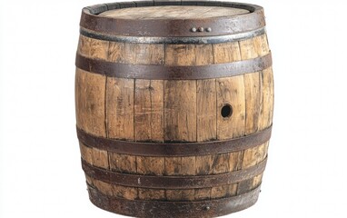 Obraz premium Rustic wooden barrel with metal bands in a well-worn condition displayed on a white background
