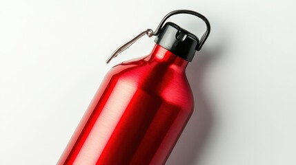 Obraz premium A bright red metal water bottle features a black screw lid and a convenient clip. Its smooth surface reflects light, emphasizing its modern and sleek design. Ideal for outdoor activities