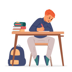 School boy sitting at desk writing flat vector illustration isolated on white.