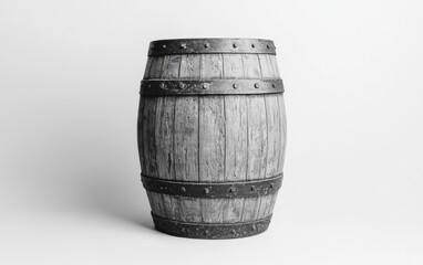 Obraz premium Vintage wooden barrel standing on a white surface with a minimalist backdrop showcasing rustic charm