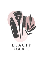 Beauty salon logo. Hairdresser tools. Vector illustration for banner, cover, marketing.
