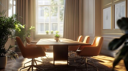 Fototapeta premium Office Interior with Meeting Table and Chairs, CEO Desk Near