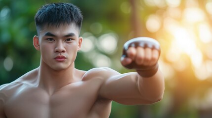 Asian martial artist striking forward with focused expression. discipline and physical power