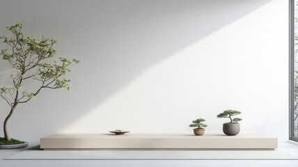 Minimalist interior with bonsai plants on wooden shelf, showcasing serene natural beauty.