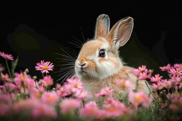 Fototapeta premium Adorable Baby Rabbit Amidst Pink Flowers