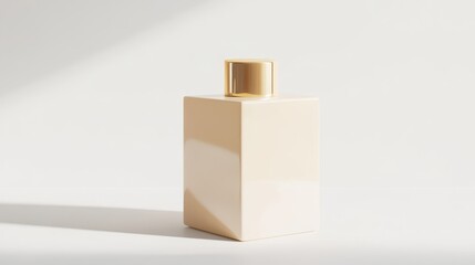 Obraz premium A square bottle stands prominently against a light background, featuring a sleek golden cap that adds a touch of elegance. Natural light accentuates the bottle's smooth texture