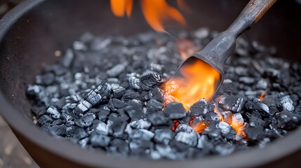 Charcoal grill, embers, flames, cooking outdoors, preparing food, close-up