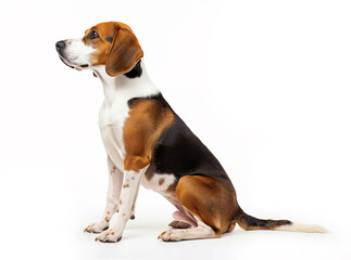 Sitting American Foxhound dog isolated on white background, obedient tricolor hound looking to a left