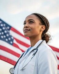 American woman doctor with national flag background