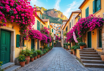 Fototapeta premium Charming Italian alley bathed in sunlight vibrant bougainvillea flowers adorn picturesque