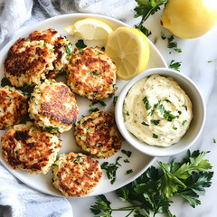 A golden crab cake with remoulade sauce and fresh slaw.