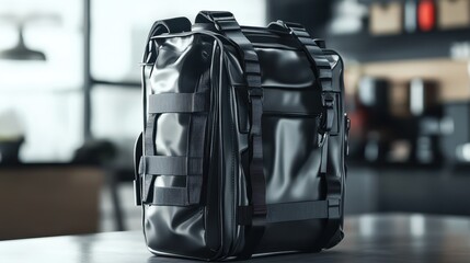 A stylish black messenger bag is prominently placed on a wooden table within a contemporary workspace. The bag features a glossy finish and strong straps, showcasing its design