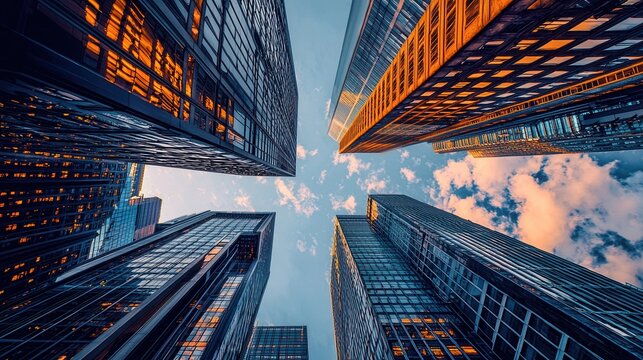 an ultra-wide-angle shot looking straight up from the ground at towering skyscrapers converging towards the sky, creating a sense of scale and depth. 