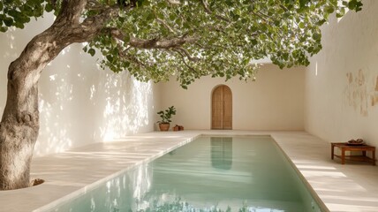 Serene Courtyard Pool with Shade Tree and Beige Walls