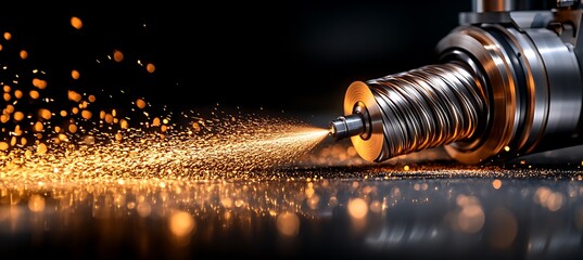 A metal cutting process generating sparks against a black background