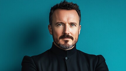 Fototapeta premium Professional man wearing dark clothing against teal background