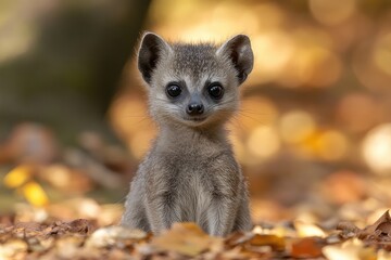 Fototapeta premium Adorable Young Dwarf Mongoose In Autumn Leaves