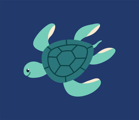 Turtle swimming in tropical sea. Cute marine animal, aquatic amphibian with shell underwater, undersea. Baby reptile, happy smiling character, exotic under water fauna. Kids flat vector illustration