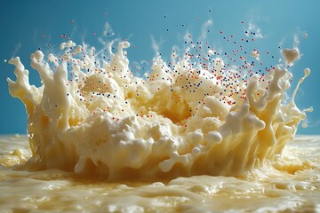 A dynamic splash of liquid adorned with colorful scattered specks