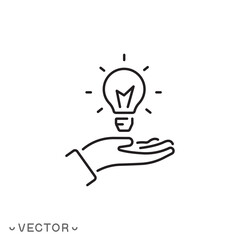 light bulb icon, lamp on hand concept, thin line symbol isolated on white background, editable stroke eps 10 vector illustration