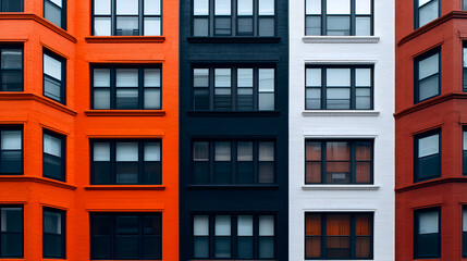 Naklejka premium Red Black And White Brick Building Facade With Rows Of Windows