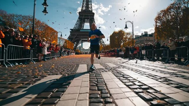 Low-angle video shot of a marathon runner on cobblestone street with Eiffel Tower in background, capturing dynamic movement and vibrant autumn colors.