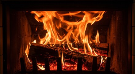Fiery Log Burning in a Cozy Fireplace Warm Winter Scene Embers Glowing