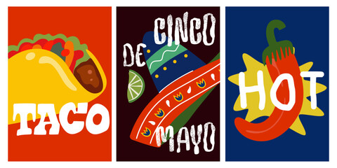 Cinco de Mayo festive cartoon posters set with mexican taco, sombrero hat, hot chilli pepper. Set of cinco de mayo party flyer template. National mexican holiday vector illustration