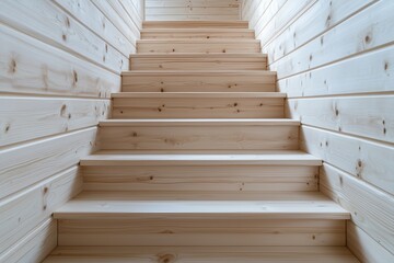 Wooden staircase with panelled walls in natural pine. cozy cabin concept