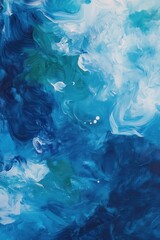 Swirling shades of blue and green blend together to form an abstract piece, evoking the calm of water. Soft whites accentuate the depths and textures of the artwork, inviting contemplation