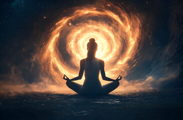 AI generated portrait of meditating woman sitting against cosmic energy spiral on dark nature background. Female in yoga pose, relaxing. Concept of astral chakra healing, mind balance.