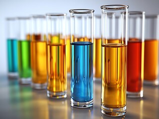 A group of containers filled with colored liquids.