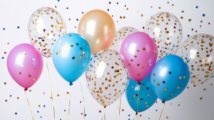 Festive balloons with star confetti against a clean, bright background