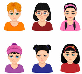 set of beautiful young girl portraits in six different styles