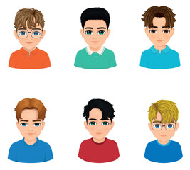 set of six different style teenage boy portraits
