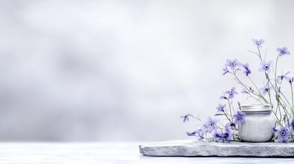 Fototapeta premium Minimalistic floral arrangement with purple flowers in a jar on a textured surface, soft background.