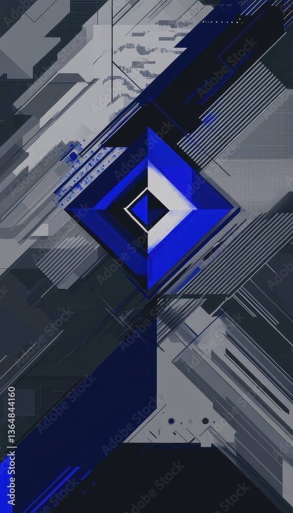 Poster a dynamic abstract composition features a blue diamond shape at its center surrounded by a web of sh