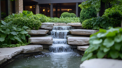 Naklejka premium Serene Stone Waterfall in a Lush Garden Setting