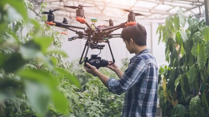 A robotics engineer developing autonomous drones for precision agriculture, high-tech lab with real-time crop monitoring and flight simulation, Scientific style
