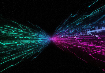 Digital circuitry streams in vibrant hues, depicting data flow and connections.