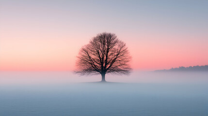 Silhouette of a Bare Tree in a Misty Field at Sunrise