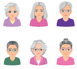 set of six different style old woman portraits