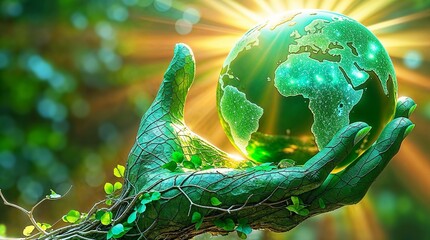 Surreal hand made entirely of vines and branches of tree holding a luminous planet earth. eco green concept