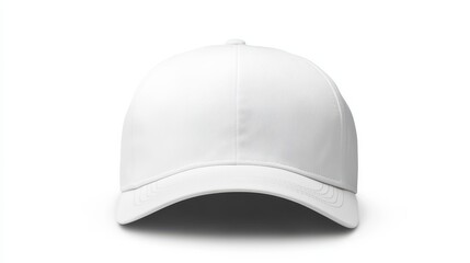 Fototapeta premium A white baseball cap is centered on a white background, showcasing its smooth texture and signature curved brim. The design is minimalistic, perfect for casual wear