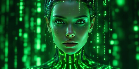 Digital art depicting a futuristic female figure with a green code pattern on her face and body. The woman has an intense, focused expression, surrounded by glowing digital elements.