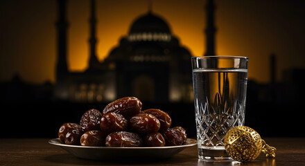Ramadan kareem background with Arabian dates fruit on plate, glass of drink water, lantern on table for traditional, serene muslim meal iftar. Mosque at dawn. Islamic holiday. Raya Hari. Eid Mubarak